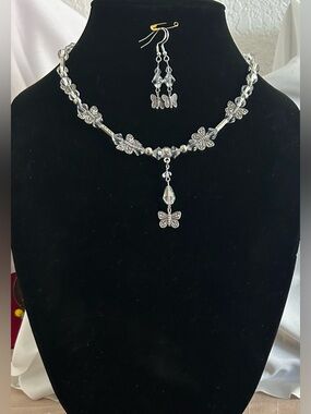 Silver Butterfly Crystal Necklace with earrings